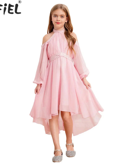 Hellgru"nes Chiffon-Kleid Maedchen Halter-Ruesche Frontalansicht