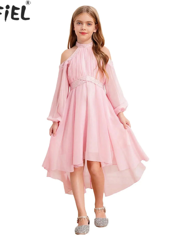 Hellgru"nes Chiffon-Kleid Maedchen Halter-Ruesche Frontalansicht