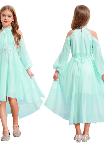 Hellgruenes Jugendweihe Kleid Chiffon Halter Rueschentop Kinder