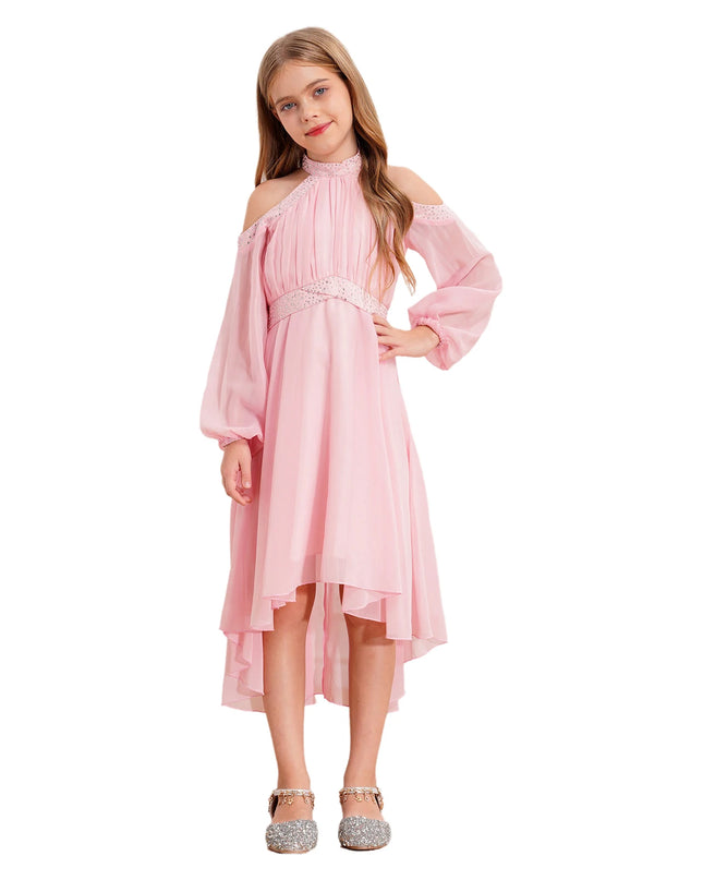 Hellgru"nes Festkleid Kinder Chiffon Seitenansicht off-shoulder