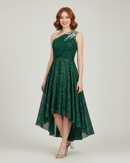 Armegruenes Jugendweihe Kleid Sequin Einschulter Kinder - Ansicht 1