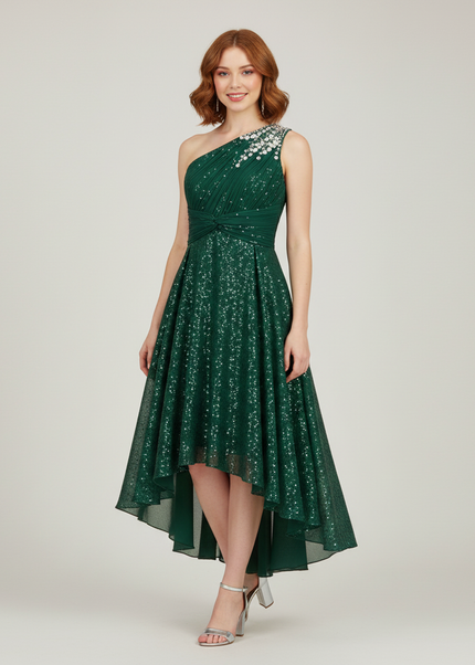 Armegruenes Jugendweihe Kleid Sequin Einschulter Kinder - Ansicht 1