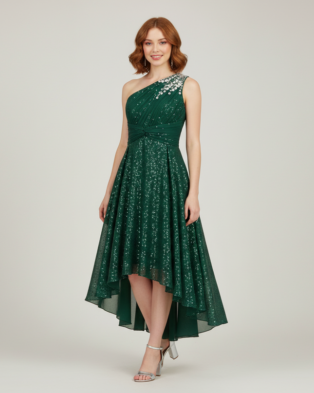 Armegruenes Jugendweihe Kleid Sequin Einschulter Kinder - Ansicht 1
