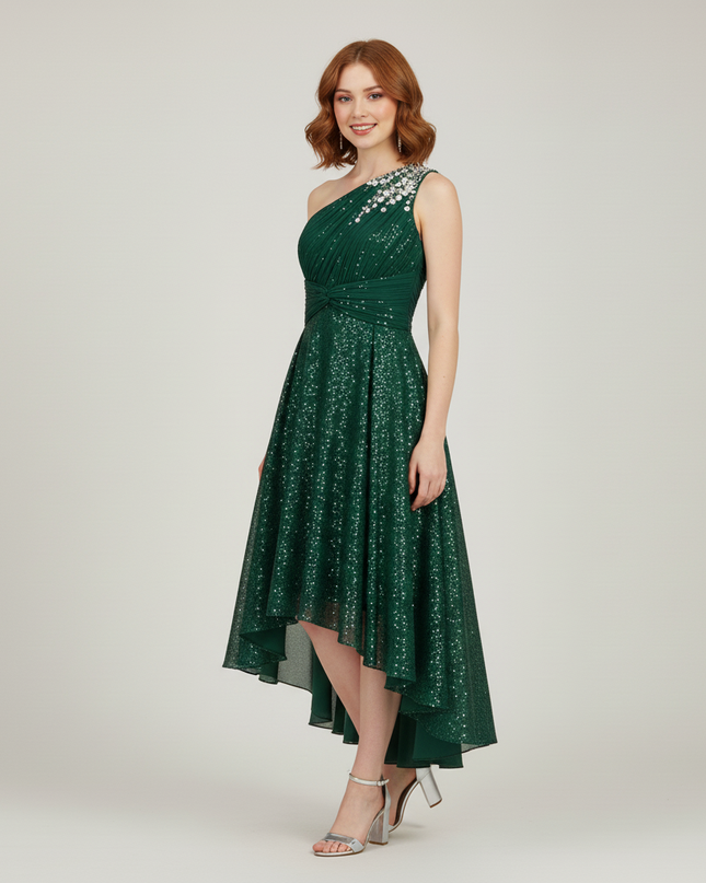 Armegruenes Jugendweihe Kleid Sequin Einschulter Kinder - Ansicht 3