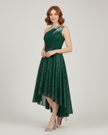 Armegruenes Jugendweihe Kleid Sequin Einschulter Kinder - Ansicht 5
