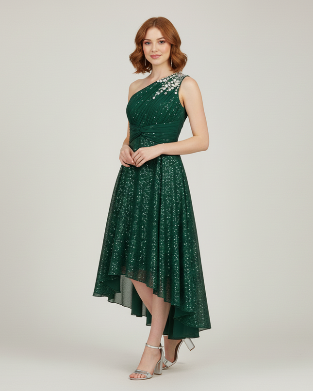 Armegruenes Jugendweihe Kleid Sequin Einschulter Kinder - Ansicht 5
