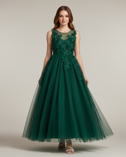 Festliches Kleid Jugendweihe Gruen Lang Blumen - Ansicht 1
