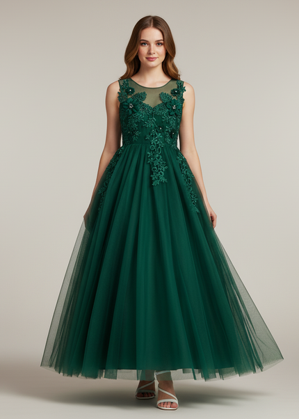 Festliches Kleid Jugendweihe Gruen Lang Blumen - Ansicht 1