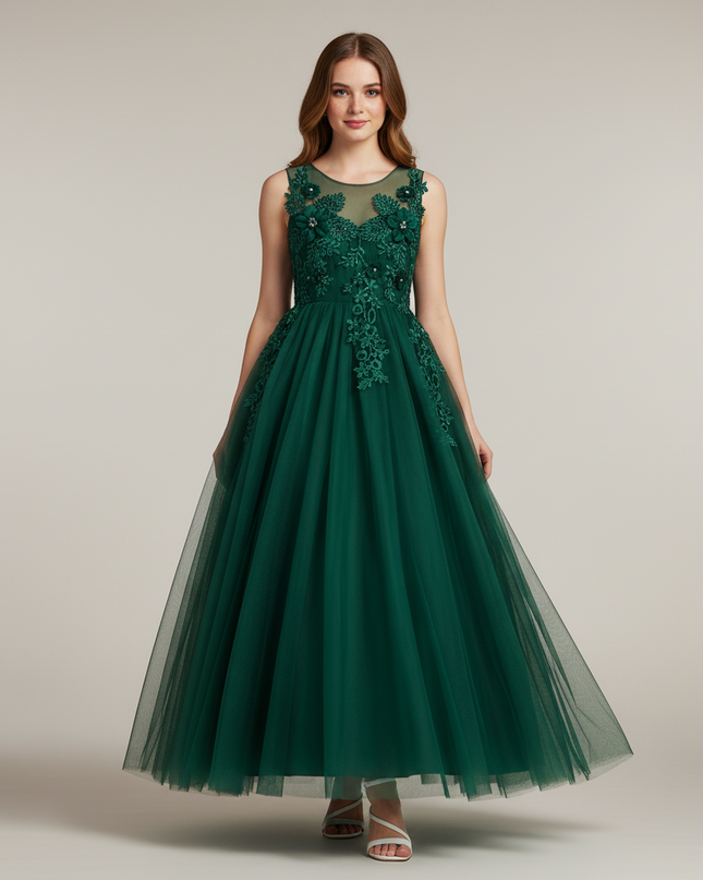 Festliches Kleid Jugendweihe Gruen Lang Blumen - Ansicht 1