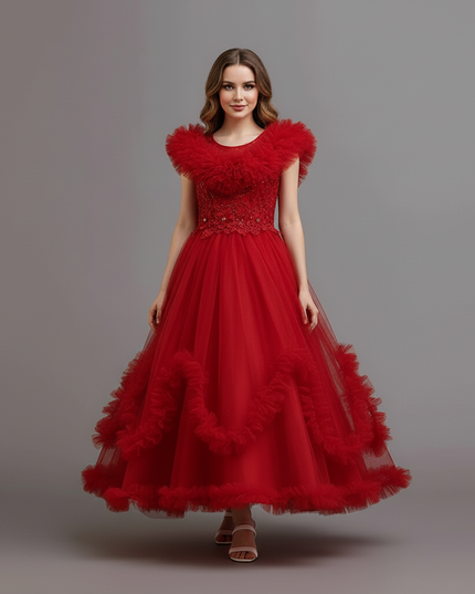 Festliche Kleider Jugendweihe Rot - Spitze Tuell - Ansicht 5