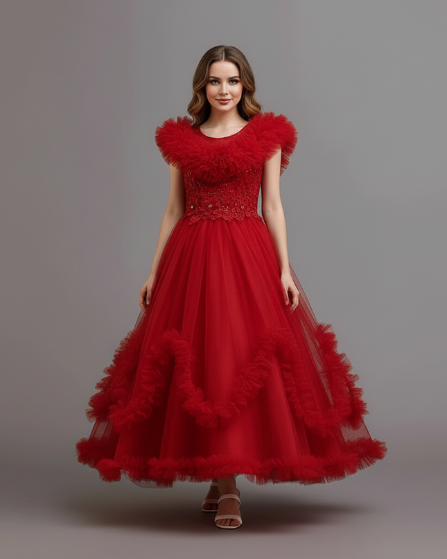 Festliche Kleider Jugendweihe Rot - Spitze Tuell - Ansicht 5