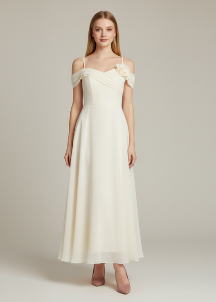 Festliches Kleid Jugendweihe Schulterlos Creme Chiffon - Ansicht 1