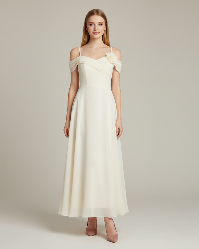 Festliches Kleid Jugendweihe Schulterlos Creme Chiffon - Ansicht 1