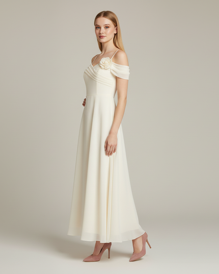 Festliches Kleid Jugendweihe Schulterlos Creme Chiffon - Ansicht 3