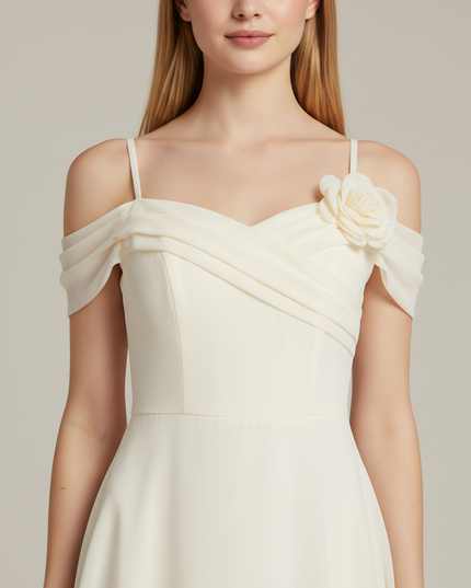 Festliches Kleid Jugendweihe Schulterlos Creme Chiffon - Ansicht 4