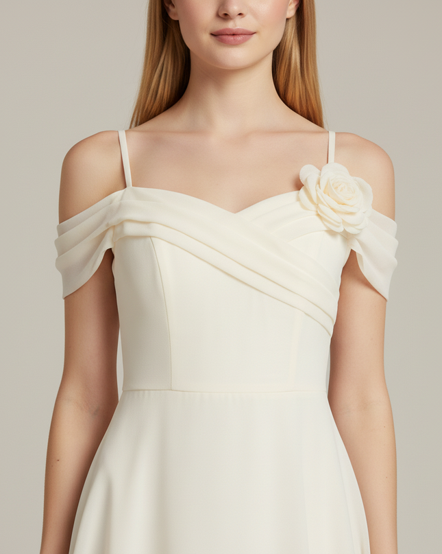 Festliches Kleid Jugendweihe Schulterlos Creme Chiffon - Ansicht 4