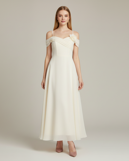Festliches Kleid Jugendweihe Schulterlos Creme Chiffon - Ansicht 5