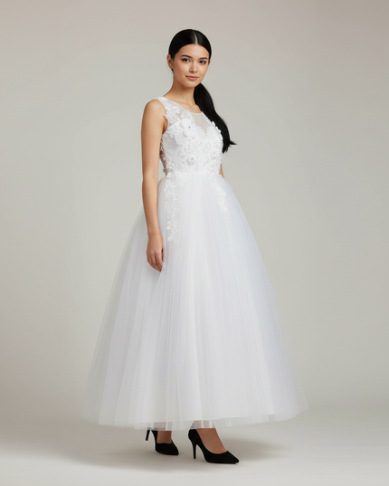 Festliches Kleid Jugendweihe Weiss Lang Blumen - Ansicht 1