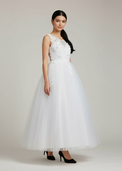 Festliches Kleid Jugendweihe Weiss Lang Blumen - Ansicht 1