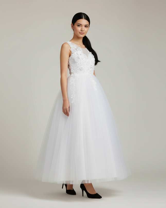 Festliches Kleid Jugendweihe Weiss Lang Blumen - Ansicht 1