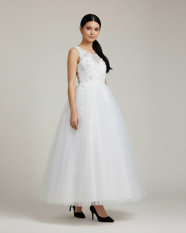 Festliches Kleid Jugendweihe Weiss Lang Blumen - Ansicht 3