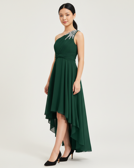 Gruenes Jugendweihe Kleid Armeegruen Einschulter Kinder - Ansicht 1