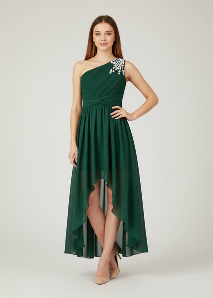 Gruenes Jugendweihe Kleid Einschulter Perlen Kinder - Ansicht 1