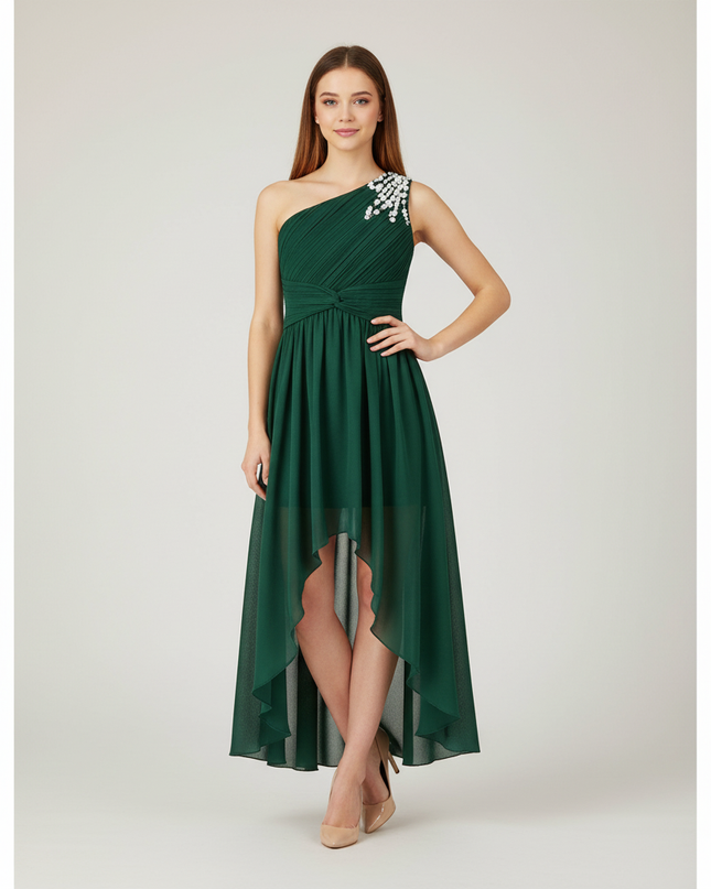 Gruenes Jugendweihe Kleid Einschulter Perlen Kinder - Ansicht 1