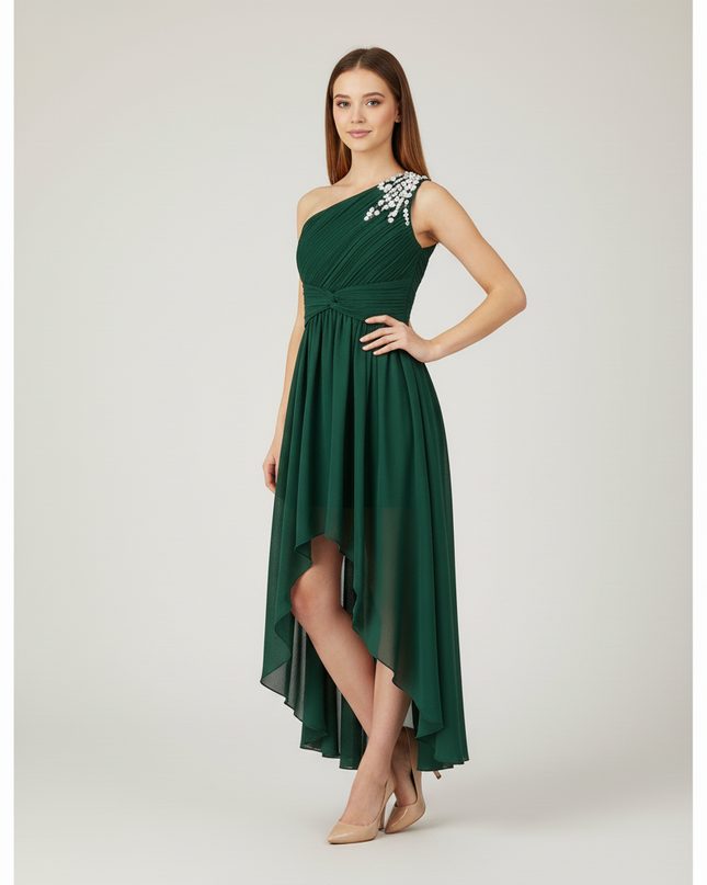 Gruenes Jugendweihe Kleid Einschulter Perlen Kinder - Ansicht 3