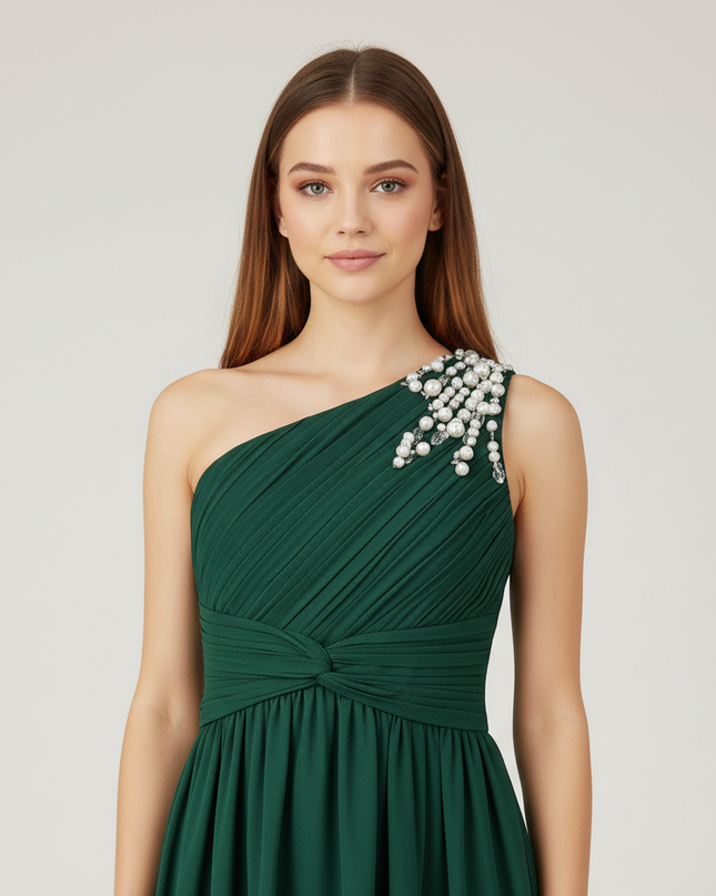 Gruenes Jugendweihe Kleid Einschulter Perlen Kinder - Ansicht 4