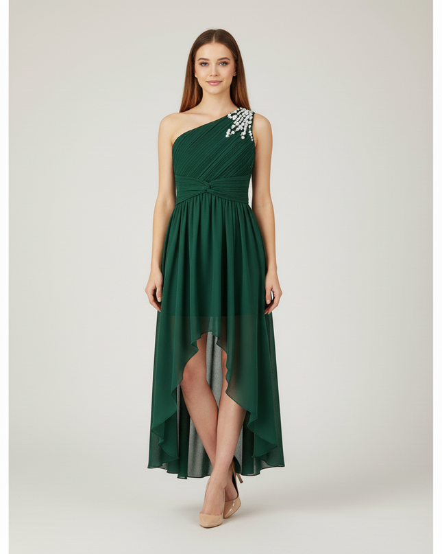 Gruenes Jugendweihe Kleid Einschulter Perlen Kinder - Ansicht 5