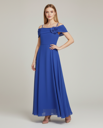 Jugendweihe Kleid Blau Festlich Chiffon Schulterlos - Ansicht 1