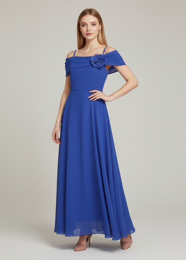 Jugendweihe Kleid Blau Festlich Chiffon Schulterlos - Ansicht 1