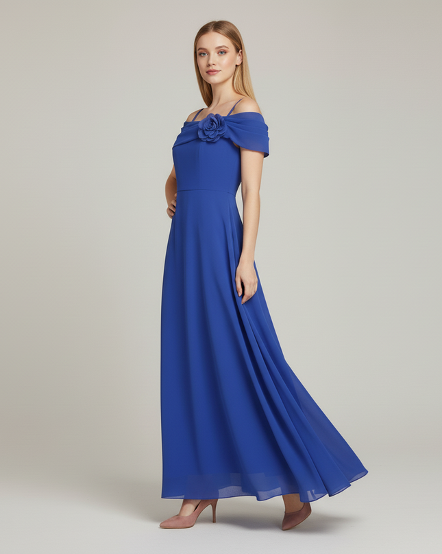 Jugendweihe Kleid Blau Festlich Chiffon Schulterlos - Ansicht 3