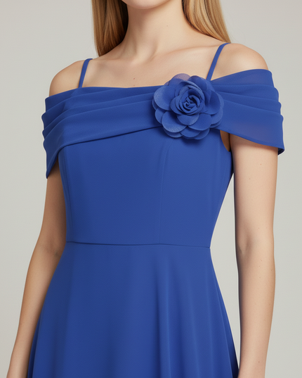 Jugendweihe Kleid Blau Festlich Chiffon Schulterlos - Ansicht 4
