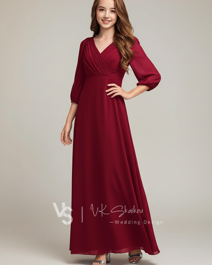Jugendweihe Kleid Bordeaux A-Linie Chiffon | Festlich - Ansicht 1