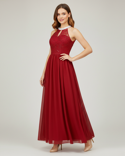 Jugendweihe Kleid Bordeaux Blumen Spitze Chiffon - Ansicht 1