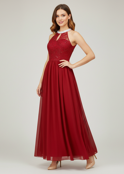 Jugendweihe Kleid Bordeaux Blumen Spitze Chiffon - Ansicht 1