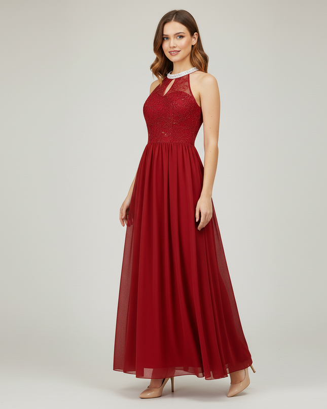 Jugendweihe Kleid Bordeaux Blumen Spitze Chiffon - Ansicht 3