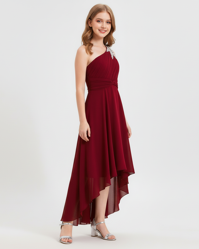 Jugendweihe Kleid bordeaux einschultrig Chiffon - Ansicht 3