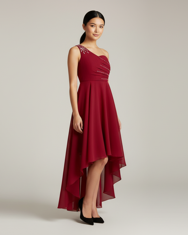 Jugendweihe Kleid Bordeaux Einschultrig Sequin Maxi - Ansicht 1