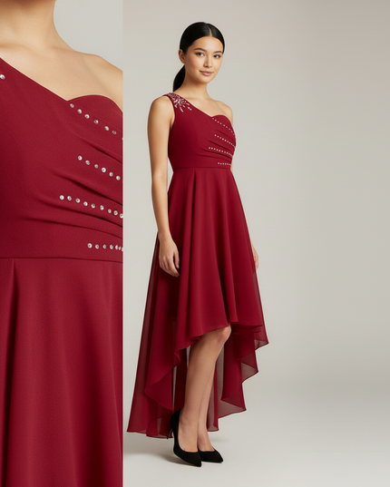 Jugendweihe Kleid Bordeaux Einschultrig Sequin Maxi - Ansicht 4