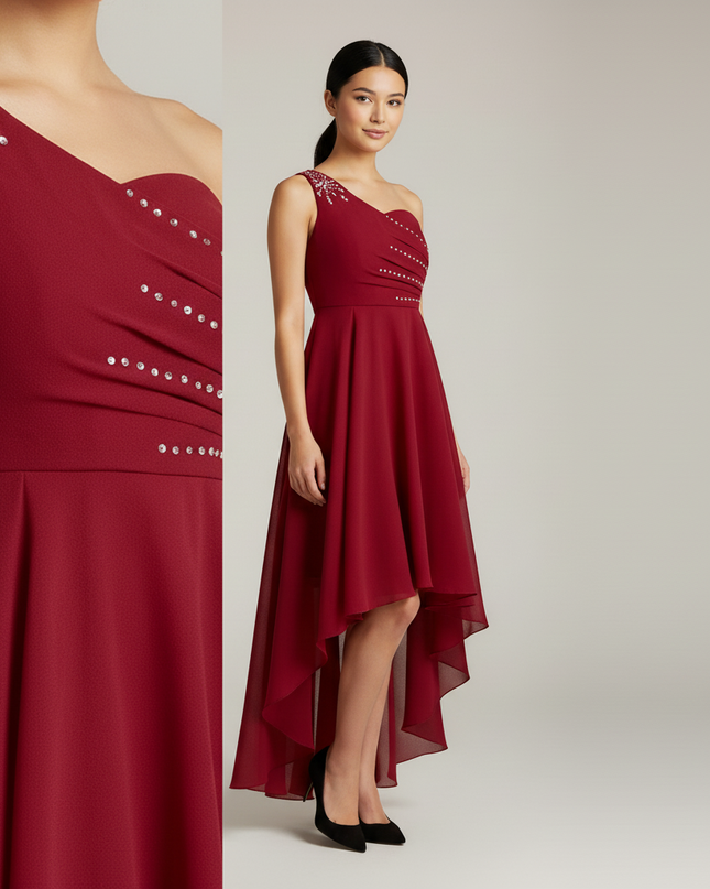 Jugendweihe Kleid Bordeaux Einschultrig Sequin Maxi - Ansicht 4