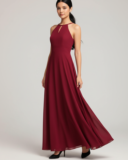 Jugendweihe Kleid Bordeaux Halter Chiffon Bodenlang - Ansicht 1