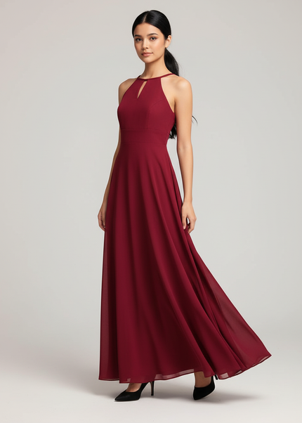 Jugendweihe Kleid Bordeaux Halter Chiffon Bodenlang - Ansicht 1