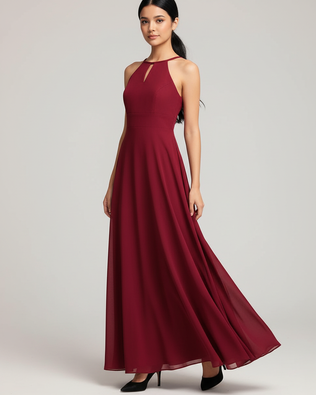 Jugendweihe Kleid Bordeaux Halter Chiffon Bodenlang - Ansicht 1
