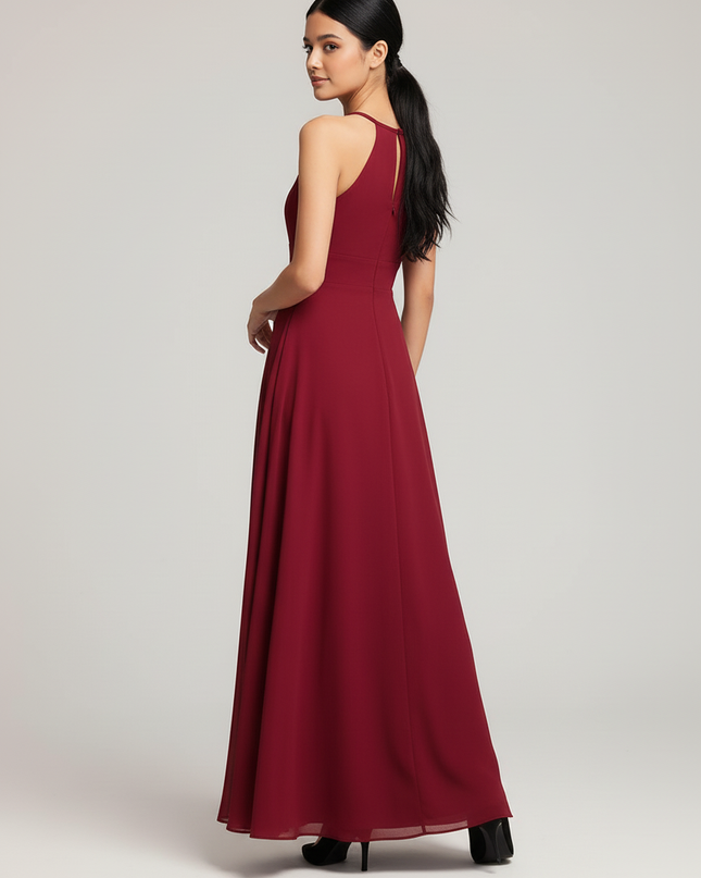 Jugendweihe Kleid Bordeaux Halter Chiffon Bodenlang - Ansicht 2