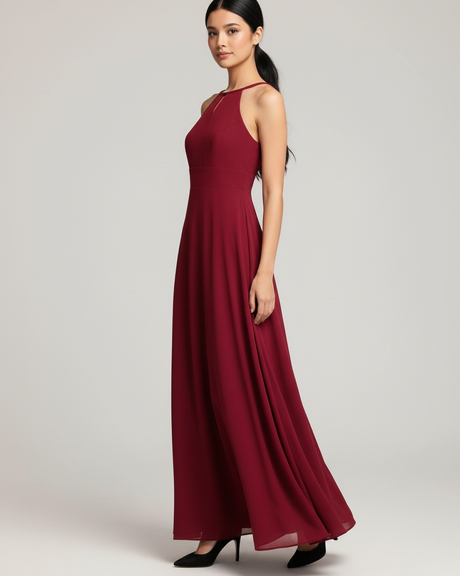 Jugendweihe Kleid Bordeaux Halter Chiffon Bodenlang - Ansicht 3