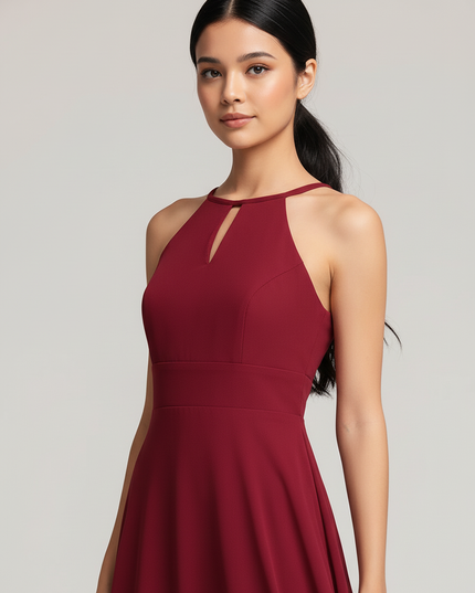 Jugendweihe Kleid Bordeaux Halter Chiffon Bodenlang - Ansicht 4