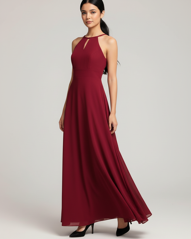 Jugendweihe Kleid Bordeaux Halter Chiffon Bodenlang - Ansicht 5